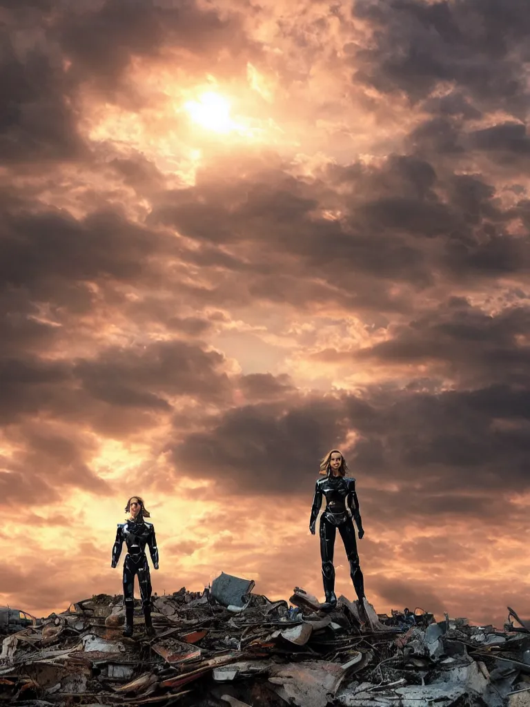 Image similar to emily blunt in futuristic power armor, solitary figure standing atop a pile of rubble, sunset and big clouds behind her