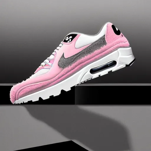 Image similar to nike air max shoe made of very fluffy pink faux fur placed on reflective surface, professional advertising, overhead lighting, heavy detail, realistic by nate vanhook, mark miner