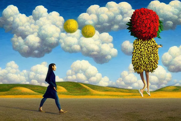 Image similar to giant flower head, woman walking, surreal, clouds in sky, impressionist painting, digital painting, artstation, rob gonsalves