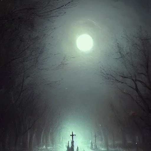 Prompt: a hauntingly beautiful painting by greg rutkowski and thomas kinkade of a dark moon in a graveyard at night, trending on artstation.