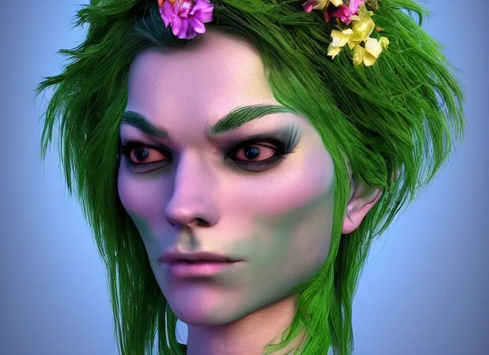 Image similar to Fantasy androgynous humanoid with green skin and flowers in hair by Larry Elmore, symmetrical face concept art, octane render unreal engine meta humans, artstation