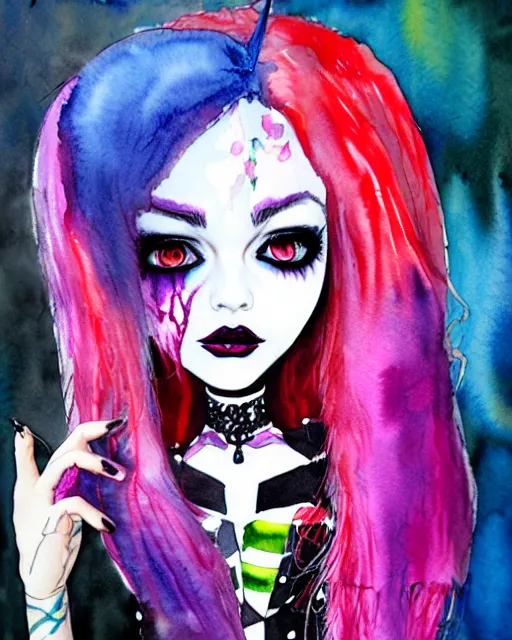 Image similar to colorful watercolor portrait of monster high draculaura doll, by sabrina eras, alice x. zhang, agnes - cecile, blanca alvarez, very detailed