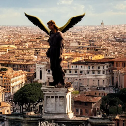 Prompt: An Angel from a Michelangelo painting flies over the cityscape of Rome. He looks like a young Brad Pitt and extends his wings over the landscape. Filmed in the style of Wim Wenders. Cinematic, 50mm, highly intricate in technicolor