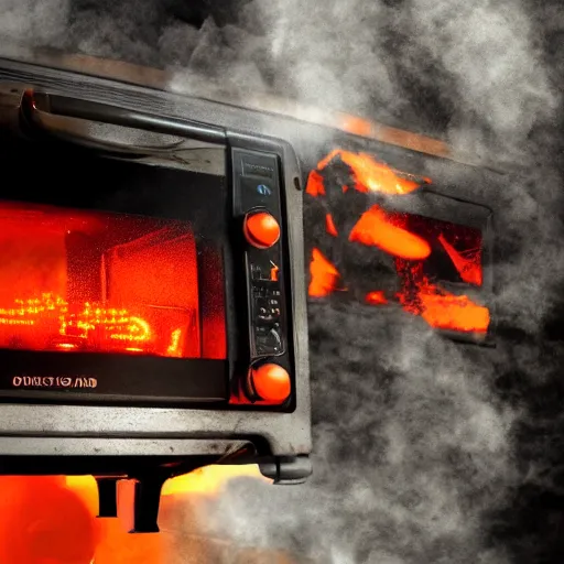 Image similar to cyborg toaster oven repairman, dark messy smoke - filled cluttered workshop, dark, dramatic lighting, orange tint, sparks, plasma rays, cinematic, highly detailed, sci - fi, futuristic, movie still