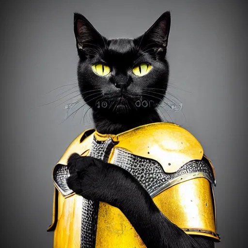 Prompt: a black cat with yellow eyes wearing knight armor, realistic photograph, studio lighting