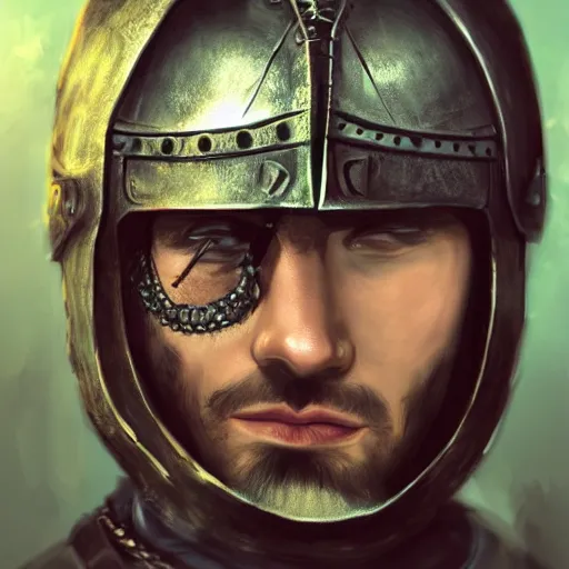 Prompt: realistic portrait, 30 year old man :: athletic, rough, angered :: short black hair :: medieval metal helmet open visir, chain mail :: high detail, digital art, RPG, concept art, illustration