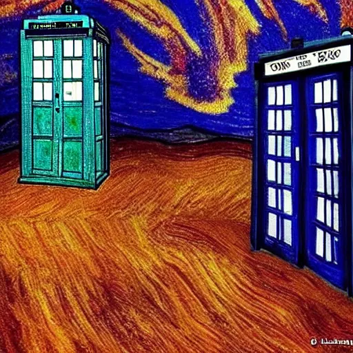 Image similar to a tardis exploding by van gough, insanely detailed