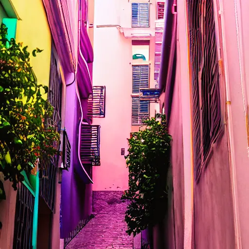 Prompt: a dreamy alley in monaco with chill and neon colour gradiant, 8 0 s colour scheme, cyberpunk