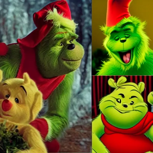 Image similar to winnie the pooh as the grinch, winnie the pooh cast as the grinch