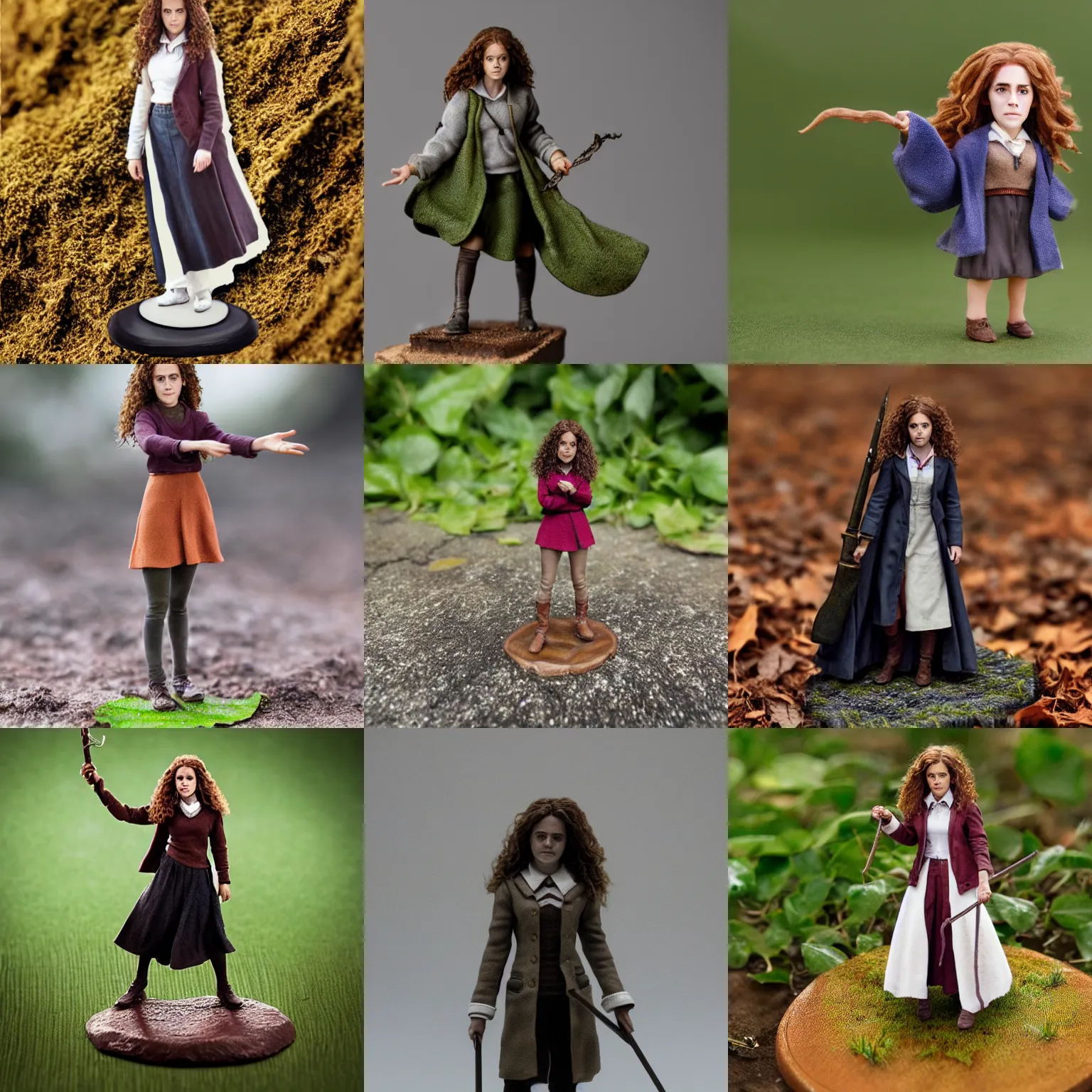 Prompt: Realistic miniature of Hermione Granger/Emma Watson, accurate proportions, standing on a leaf, macro photography