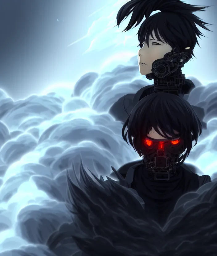 Image similar to a detailed manga illustration character full body portrait of a dark haired cyborg anime man shrouded in clouds of dark smoke and fire, trending on artstation, digital art, 4 k resolution, detailed, high quality, sharp focus, hq artwork, insane detail, concept art, character concept, character illustration, full body illustration, cinematic, dramatic lighting