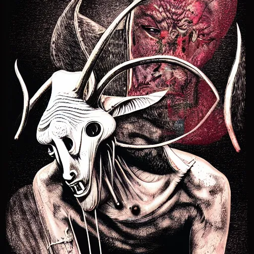 Image similar to graphic illustration, creative design, baphomet, biopunk, francis bacon, highly detailed, hunter s thompson, concept art