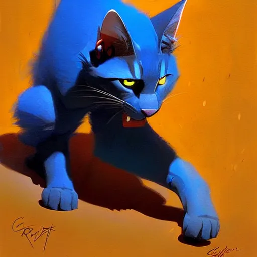 Image similar to blue cat eating red sable painting by eddie mendoza, greg rutkowski