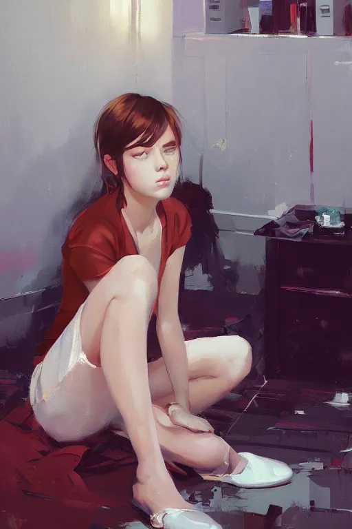 Prompt: A ultradetailed beautiful portrait panting of a stylish woman sitting on the ground of a messy apartment, Oil painting, by Ilya Kuvshinov, Greg Rutkowski and Makoto Shinkai