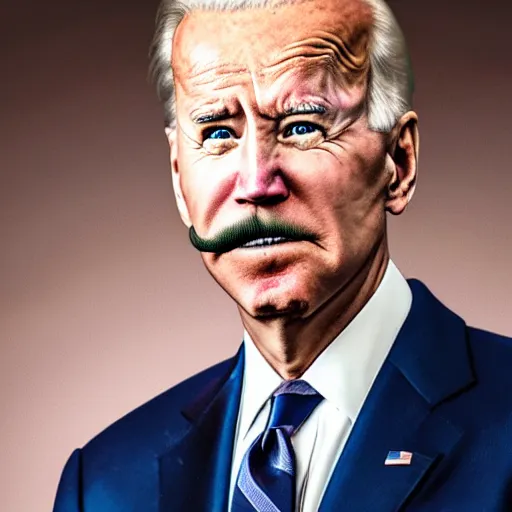 Image similar to Detailed portrait of Joe Biden with large mustache and mullet hair, 8k, realistic, 50mm photograph