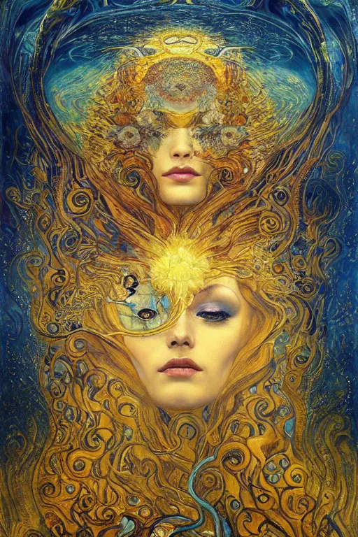 Prompt: Visions of Paradise by Karol Bak, Jean Deville, Gustav Klimt, and Vincent Van Gogh, visionary, ethereal saint portrait, otherworldly, dreamscape, radiant halo, fractal structures, infinite wings, ornate gilded medieval icon, third eye, spirals, heavenly spiraling clouds with godrays, airy colors