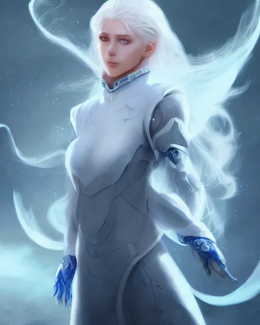 Image similar to perfect white haired girl, ethereal armor, beautiful, pretty face, blue eyes, detailed, windy weather, scifi, platform, laboratory, experiment, 4 k, ultra realistic, epic lighting, high detail, masterpiece, by akihito tsukushi, charlie bowater, ross tran