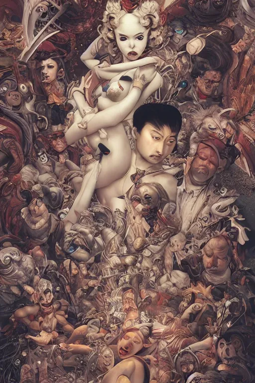 Image similar to 🔞🤡🤼, dynamic lighting, symmetrical dimension, rotary, x - y priority, detailed, by bambang nurdianshyah, garis edelweiss, roby dwi antono and ayami kojima, takato yamamoto, barclay shaw, karol bak, yukito kishiro, norman rockwell