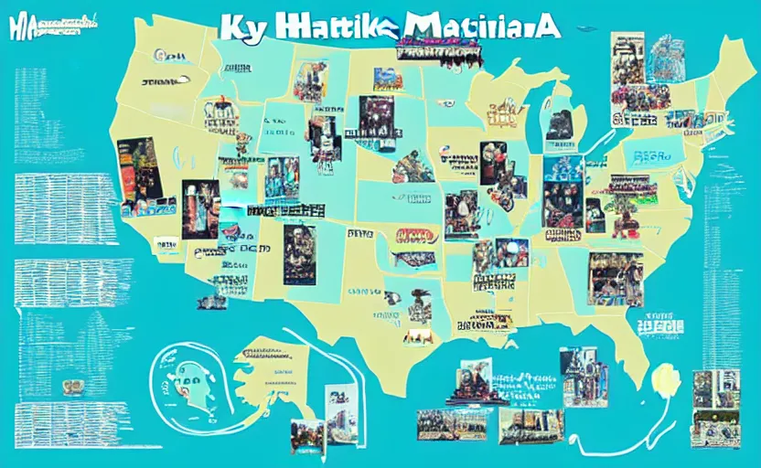 Image similar to hatsune miku across america map, map key, tourist map, brochure