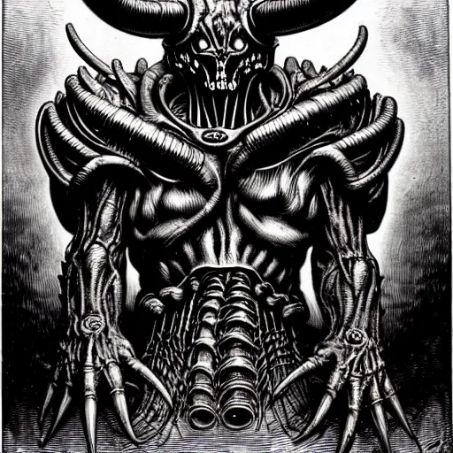 prompthunt: doom!! ( 1 9 9 4 ) classic cyberdemon!!! horns, volcan  cannon!!!, art by gustave dore, anotation, blueprint