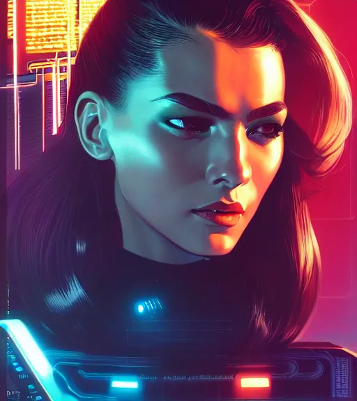 Image similar to cable plugged in, side of head, very very beautiful woman, cyberdeck computer terminal, street level night city, 1 9 7 9 omni magazine cover, style by vincent di fate, artgerm, cyberpunk 2 0 7 7, very coherent, detailed, 4 k resolution, unreal engine, daz