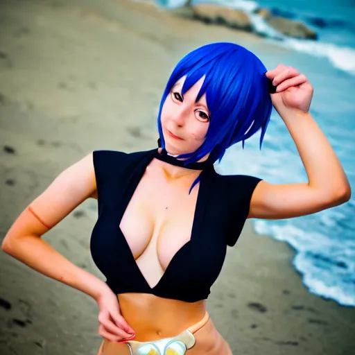 Prompt: headshot of a cute girl cosplaying as Nami from One Piece standing on a beach, cosplay, close up, photo by Sarah Moon