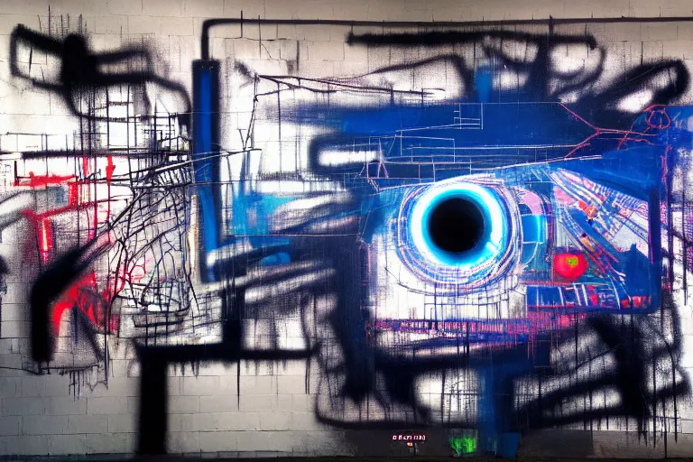 Image similar to neural industrial machines, multilayer glitch effect in spatial perceptron synapses, matte painting, 4 k, epic composition, volumetric light, abstract illusionism, by robert rauschenberg, edvard munch, jean - michel basquiat, pour paint, modern street art, grunge wall