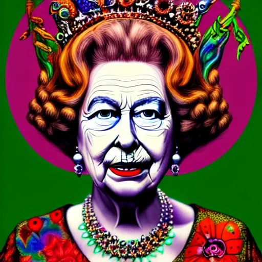 Prompt: An extremely psychedelic portrait of Queen Elizabeth, surreal, LSD, face, detailed, intricate, elegant, lithe, highly detailed, digital painting, artstation, concept art, smooth, sharp focus, illustration