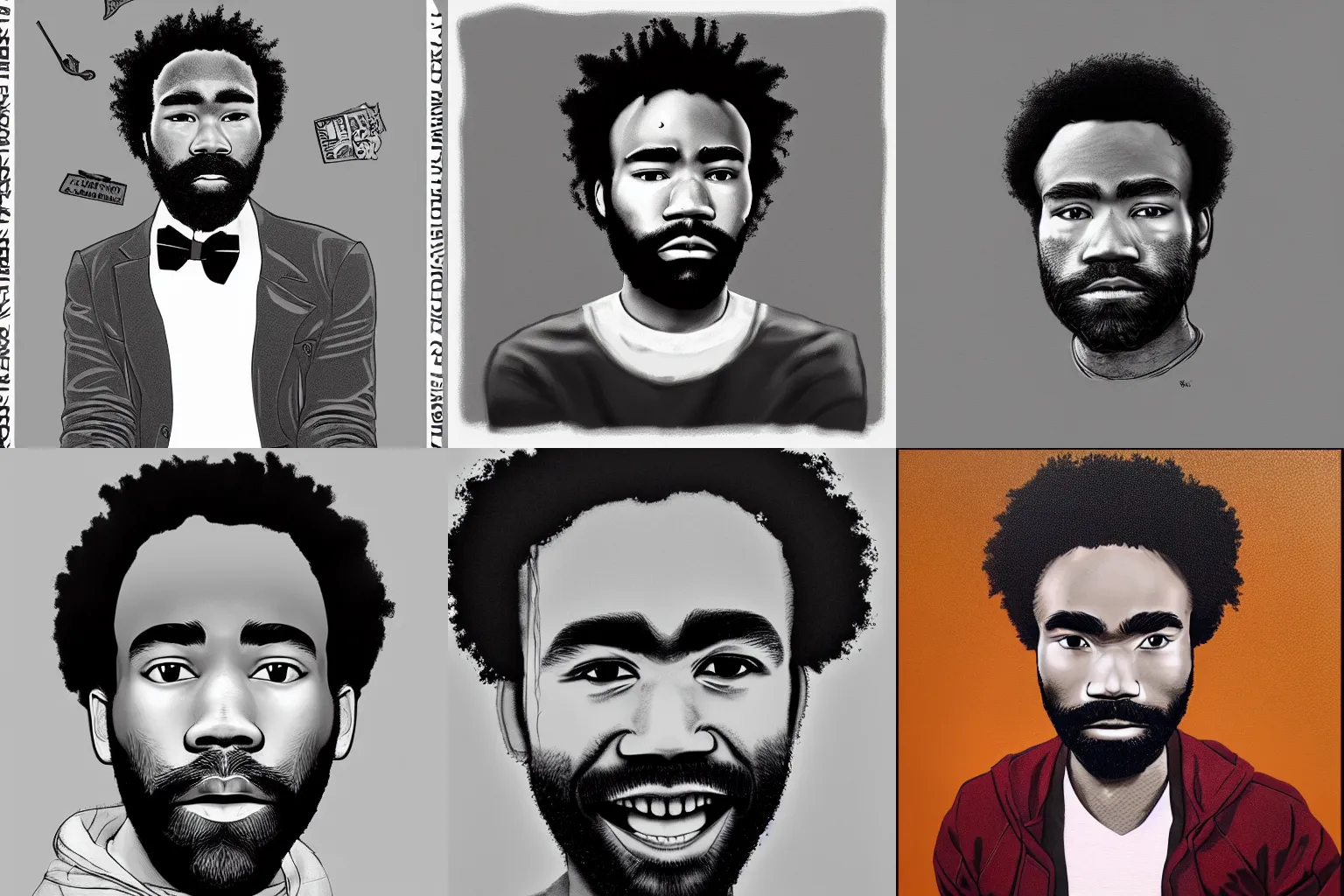 Prompt: Award winning image titled Donald Glover by ROA street art, graffiti, monochromatic, detailed trending on artstation