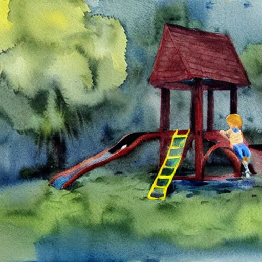 Prompt: watercolor. a swing set with a child enjoying themselves. blurry. visible brushstrokes.