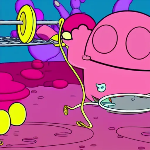 Image similar to pink jellyfish from the cartoon SpongeBob Squarepants hits SpongeBob with a metal sieve