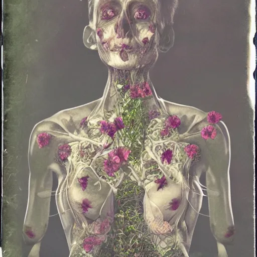 Image similar to a beautiful detailed front view portrait of a rotten woman corpse with fractal plants and fractal flowers growing around, volumetric light, beautiful lit, polaroid photography