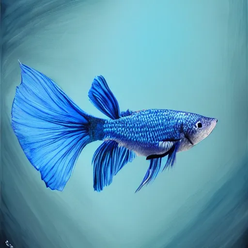 Prompt: blue betta fish swimming through water with long flowing fins, art, fantasy, elegant, highly detailed, digital painting, trending on artstation, concept art, smooth, sharp focus, hyperrealistic, illustration