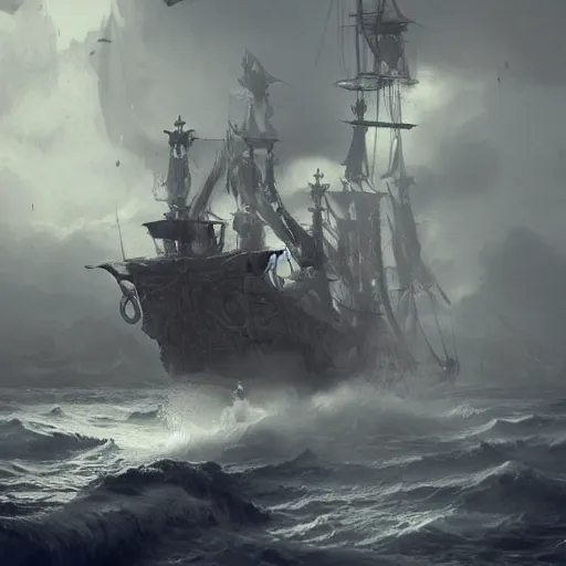 Image similar to detailed white pirate ship with large feathered wings by greg rutkowski, enigmatic atmosphere, beautiful and cinematic lighting, artstation hq.