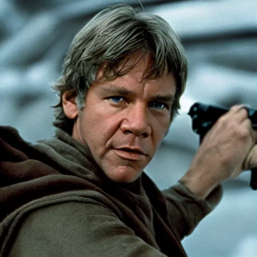 Prompt: Luke Skywalker played by Harrison Ford, movie still, cinematic