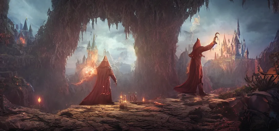 Image similar to a wizard conjuring an epic magical kingdom, highly detailed, realistic, unreal engine, rendered in octane, comic book art, handsome, volumetric lighting, cinematic composition