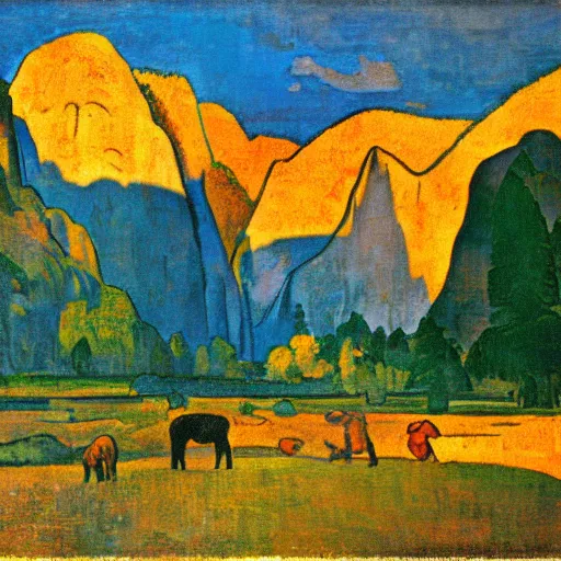 Image similar to Yosemite in the style of Gauguin