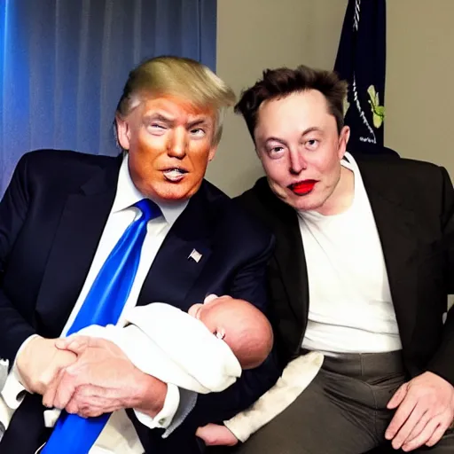 Image similar to a picture of donald trump and elon musk holding a baby