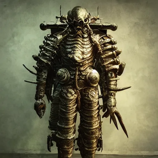 Prompt: “ a full - body portrait of victorian evil knight by emil melmoth, zdzislaw beksinski, craig mullins, yoji shinkawa, cross, artstation, pete morbacher, hyper detailed, cthulhu samurai armor, golden decoratived jaw armor, very detailed, artstation, rendering by octane, unreal engine, spaceship interior background. ”