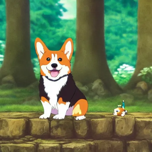 Prompt: cute corgi, smiling, meditating in a peaceful forest temple, anime style, scene from the movie spirited away, by hayao miyazaki, detailed, smooth, beautiful