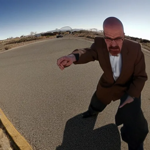 Image similar to pov of a man fighting walter white, first person view, realistic, street fight