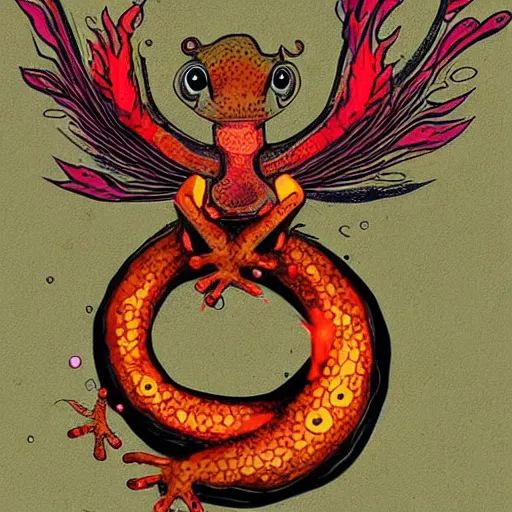 Prompt: cute salamander, fire om back, pet, mythical creature, digital art