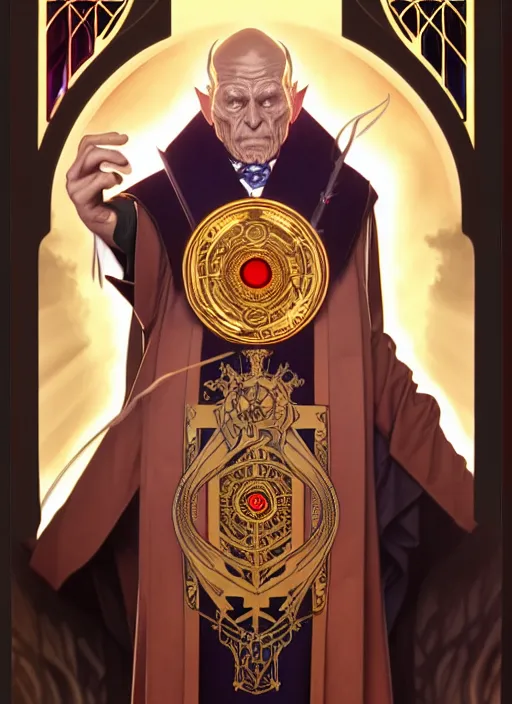 Image similar to overlord, wearing an academic gown, tarot card, highly detailed, deep focus, elegant, digital painting, smooth, sharp focus, illustration, ultra realistic, 8 k, art by artgerm and alphonse mucha