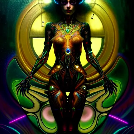 Prompt: extremely psychedelic beautiful cyborg viral goddess infected by night. intricate, elegant, highly detailed, extremely lifelike photorealistic digital painting, artstation. steichen, gaston bussiere, tom bagshaw, cyberpunk alphonse mucha. elegant minimalism. anatomically correct. sharp focus. gold, black accents. surreal lush cosmic hallucination