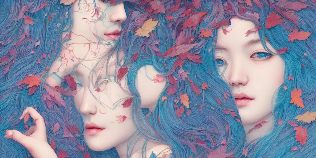 Image similar to breathtaking detailed concept art painting pattern with pastel colors of blue hair faces goddesses amalgamation autumn leaves, by hsiao - ron cheng and james jean, bizarre compositions, exquisite detail, 8 k