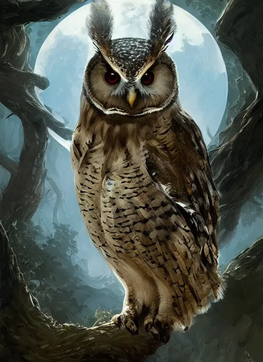 Image similar to Portrait of an Owl eating a rabbit, Dramatic clouds, Woods, Trees, Moon light, marvel comics, dark, intricate, highly detailed, smooth, artstation, digital illustration by Ruan Jia and Mandy Jurgens and Artgerm and Wayne Barlowe and Greg Rutkowski and Frank Frazetta