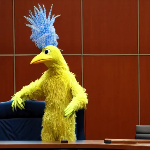 Image similar to big bird gives testimony in a court room wearing a suit