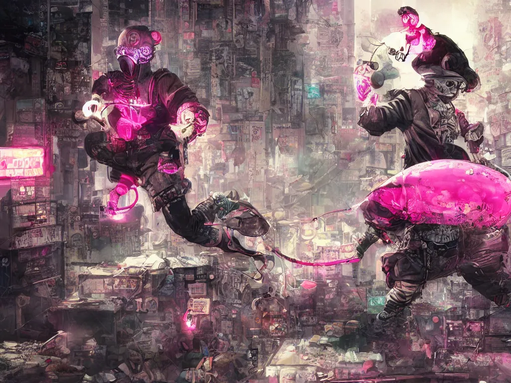 Image similar to Humpty Dumpty as a chicken egg, fighting with a pink rubber monkey in a cyberpunk, post apocalyptic Tokyo, D&D, fantasy, highly detailed, digital painting, artstation, concept art, smooth, sharp focus, illustration, art by Bill Sienkiewicz