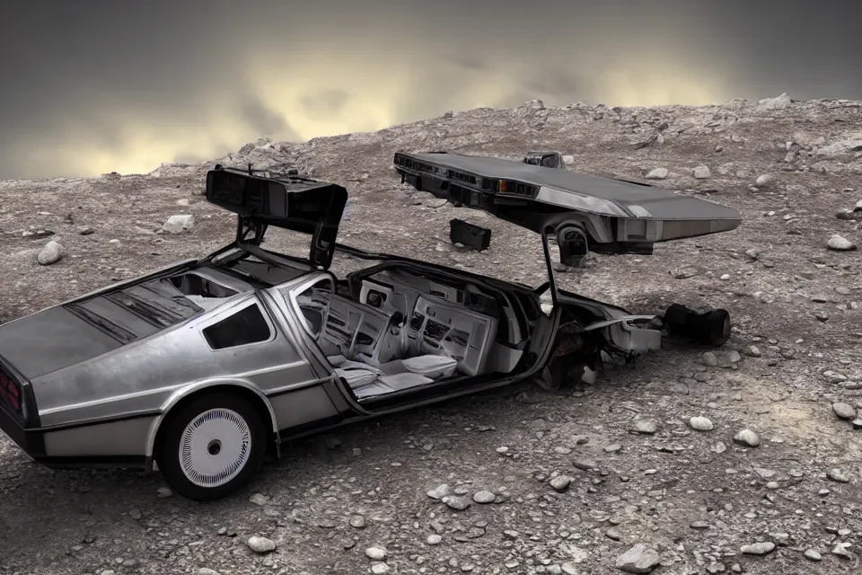 Prompt: ultra realistic delorean dmc 5 on remote ancient highway wreckage in space, dark cinematic, volumetric, realistic, 3 d render, realistic render, cinematic lighting, volumetric lighting, atmospheric, cinematic, unreal engine 5, unreal engine render, octane render, hd, photorealism, hyper realistic, 8 k