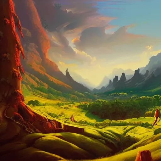 Image similar to panorama of a valley filled with a forest and a village, medieval, fantasy, oil painting, by rhads